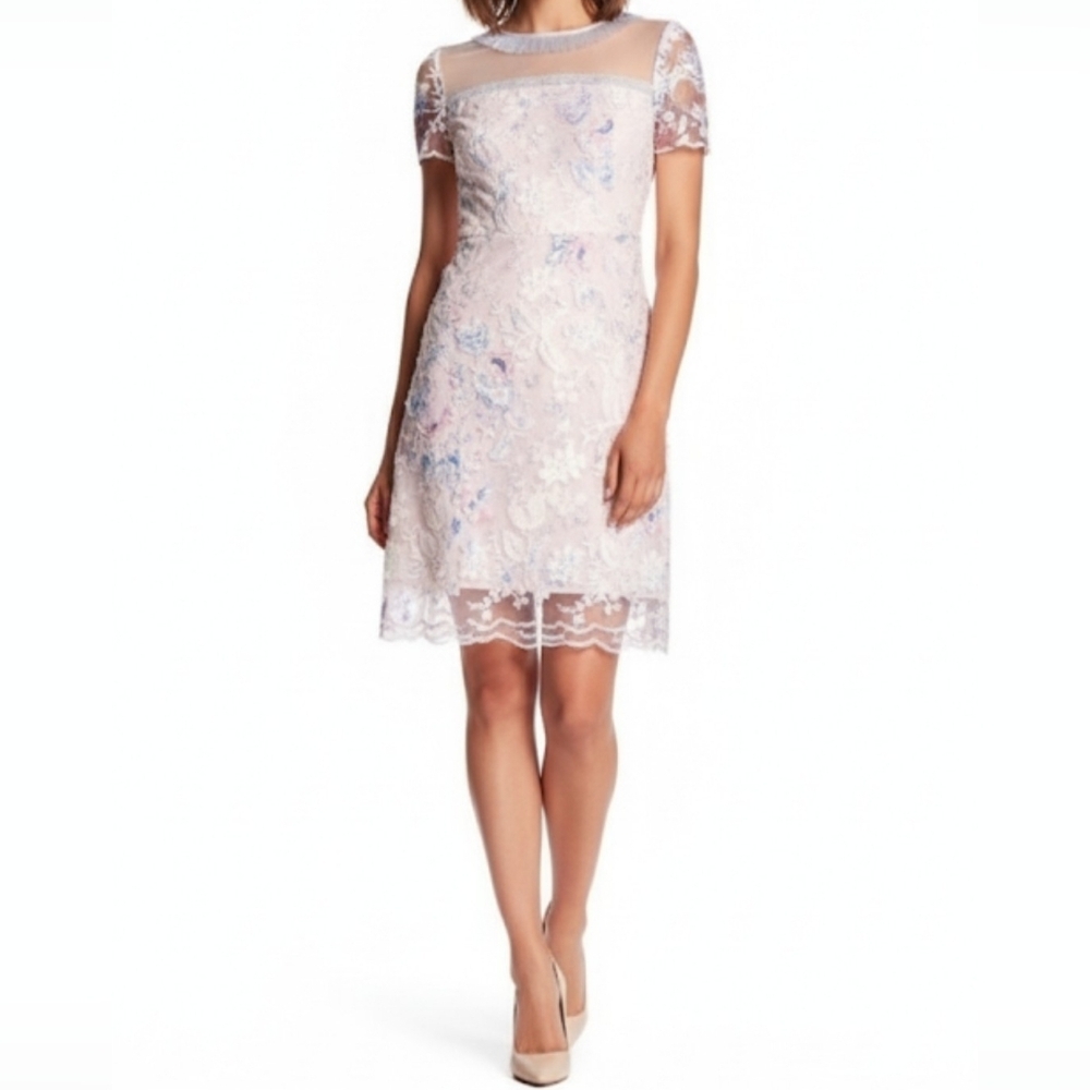 Tahari Pink Embroidered 3D Floral Lace Sheath Dress Illusion Yoke Size 12